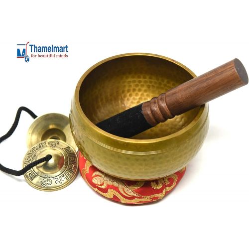  TM THAMELMART FOR BEAUTIFUL MINDS 5.5 Energetic Chakra Healing Yoga Hand Hammered Tibetan Singing Bowl- Including Tingsha Cymbels Mallet and Cushion Made in Nepal명상종 싱잉볼