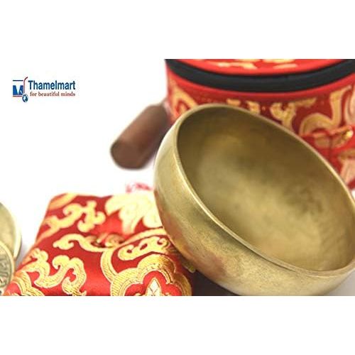  TM THAMELMART FOR BEAUTIFUL MINDS 4.5 Tibetan Singing Bowl for Meditation, Sound Healing, Yoga & Sound Therapy. Made of 7 metals. Cushion Suede leather Wooden Mallet, Box & Tingsha nincluded Thamelmart … (4.5 Inch명상종 싱잉볼