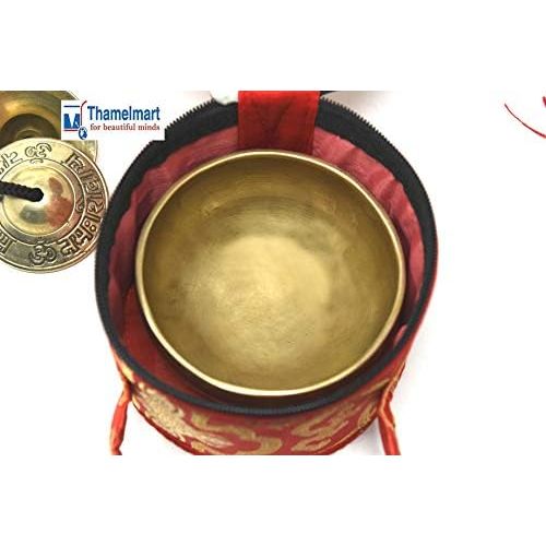  TM THAMELMART FOR BEAUTIFUL MINDS 4.5 Tibetan Singing Bowl for Meditation, Sound Healing, Yoga & Sound Therapy. Made of 7 metals. Cushion Suede leather Wooden Mallet, Box & Tingsha nincluded Thamelmart … (4.5 Inch명상종 싱잉볼