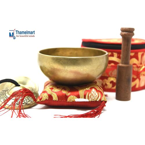  TM THAMELMART FOR BEAUTIFUL MINDS 4.5 Tibetan Singing Bowl for Meditation, Sound Healing, Yoga & Sound Therapy. Made of 7 metals. Cushion Suede leather Wooden Mallet, Box & Tingsha nincluded Thamelmart … (4.5 Inch명상종 싱잉볼