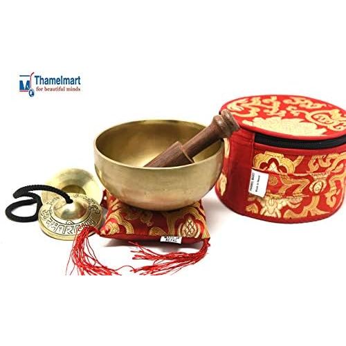  TM THAMELMART FOR BEAUTIFUL MINDS 5 Tibetan Singing Bowl for Meditation, Sound Healing, Yoga & Sound Therapy. Made of 7 metals. Slik Cushion, Wooden Mallet, Box & Tingsha nincluded Thamelmart … (5 Inch matte)명상종 싱잉볼