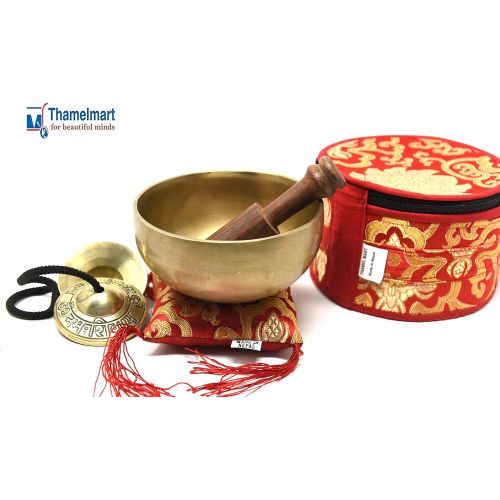  TM THAMELMART FOR BEAUTIFUL MINDS 5 Tibetan Singing Bowl for Meditation, Sound Healing, Yoga & Sound Therapy. Made of 7 metals. Slik Cushion, Wooden Mallet, Box & Tingsha nincluded Thamelmart … (5 Inch matte)명상종 싱잉볼