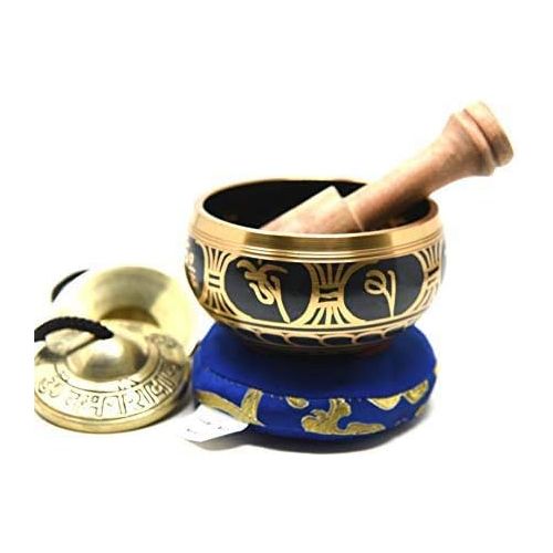  TM THAMELMART FOR BEAUTIFUL MINDS 3.75 Exquisite Tibetan Singing Bowl Set for Meditation ~ Mantra Symbols Painted ~ Om Nava Sivaya Tingsha Cymbals~ Silk Cushion & Wooden Mallet Included ~Handmade in Nepal by Thamel명상종 싱잉볼