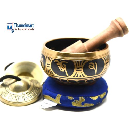  TM THAMELMART FOR BEAUTIFUL MINDS 3.75 Exquisite Tibetan Singing Bowl Set for Meditation ~ Mantra Symbols Painted ~ Om Nava Sivaya Tingsha Cymbals~ Silk Cushion & Wooden Mallet Included ~Handmade in Nepal by Thamel명상종 싱잉볼