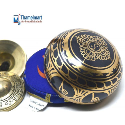  TM THAMELMART FOR BEAUTIFUL MINDS 3.75 Exquisite Tibetan Singing Bowl Set for Meditation ~ Mantra Symbols Painted ~ Om Nava Sivaya Tingsha Cymbals~ Silk Cushion & Wooden Mallet Included ~Handmade in Nepal by Thamel명상종 싱잉볼