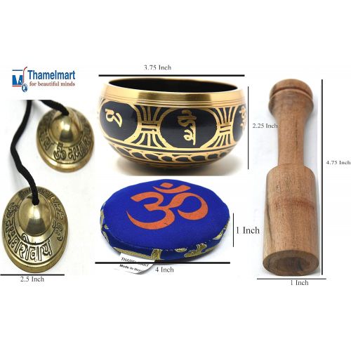  TM THAMELMART FOR BEAUTIFUL MINDS 3.75 Exquisite Tibetan Singing Bowl Set for Meditation ~ Mantra Symbols Painted ~ Om Nava Sivaya Tingsha Cymbals~ Silk Cushion & Wooden Mallet Included ~Handmade in Nepal by Thamel명상종 싱잉볼