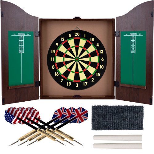  TMG Walnut Finish Deluxe Wood Dartboard Cabinet Set - Includes 6 Darts!