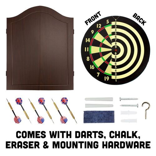 TMG Deluxe Walnut Wood Finish Dartboard Cabinet Set with 6 Darts - Includes 3 Bonus 23gm Dart Set!
