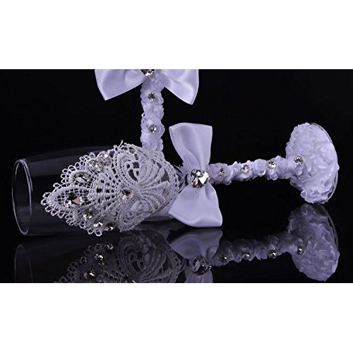  TMG Elegant Wedding Cake Knife and Server and Wine Glass Set with Lace and Glass Crystal Wedding Dress Decoration Novelty Gift