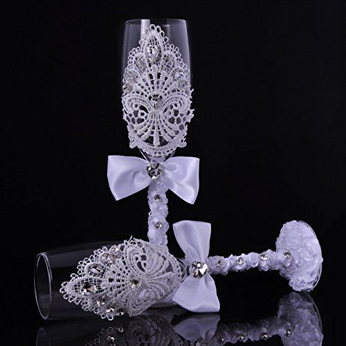  TMG Elegant Wedding Cake Knife and Server and Wine Glass Set with Lace and Glass Crystal Wedding Dress Decoration Novelty Gift