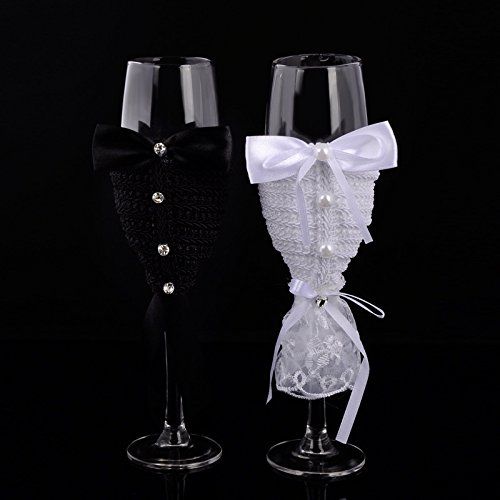  TMG Elegant Wedding Cake Knife and Server and Wine Glass Set with Black & White Wedding Dress Decoration Novelty Gift