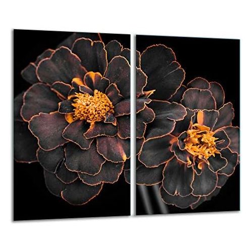  [아마존베스트]TMK Hob Cover Plate Ceramic Hob 2 Pieces 30 x 52 cm Ceramic Hob Cover Kitchen Electric Hob Induction Cooker Guard Splash Guard Glass Chopping Board Black Flower Design