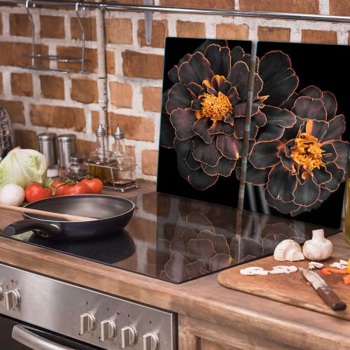  [아마존베스트]TMK Hob Cover Plate Ceramic Hob 2 Pieces 30 x 52 cm Ceramic Hob Cover Kitchen Electric Hob Induction Cooker Guard Splash Guard Glass Chopping Board Black Flower Design