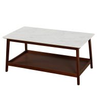TMS 33802MWA JHOVIES Faux Marble Mid Century Living Room Rectangle Coffee Table, 39.3 W, White/Walnut