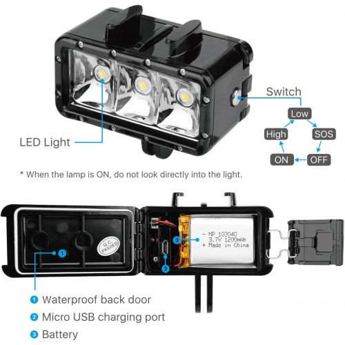  TNP Products TNP High Power Diving LED Light for Sports Action Cam, 40m Waterproof 300 LM Dimmable Rechargeable Underwater Night Light w/Mount Kit for GoPro 6/5/Session/4/3+/2, SJCAM, Yi Action