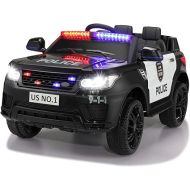 TOBBI Police Car Ride on 12V Electric Car for Kids Battery Powered Ride on Toys Cop Car with Remote Control, Siren, Flashing Lights, Music, Blueooth, Spring Suspension, Carbon Black