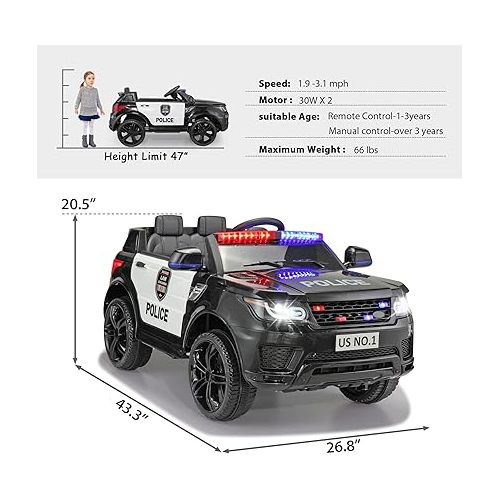  TOBBI Police Car Ride on 12V Electric Car for Kids Battery Powered Ride-on Toys Cop Cars with Remote Control, Siren, Flashing Lights, Music, Blueooth, Spring Suspension, Carbon Black