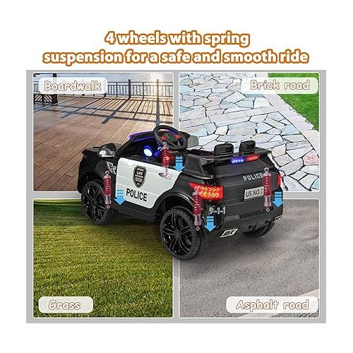  TOBBI Police Car Ride on 12V Electric Car for Kids Battery Powered Ride-on Toys Cop Cars with Remote Control, Siren, Flashing Lights, Music, Blueooth, Spring Suspension, Carbon Black
