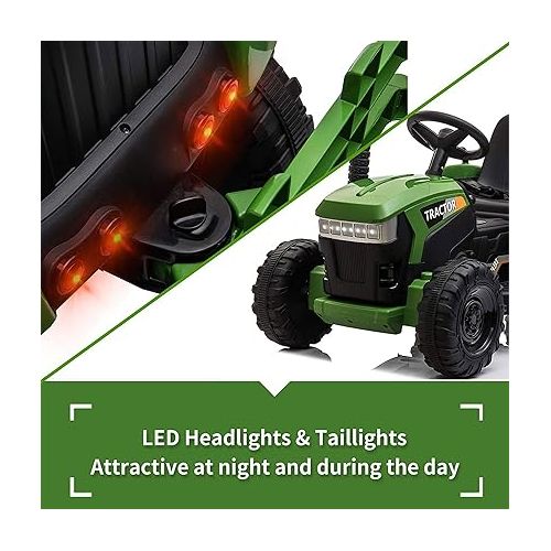  TOBBI Kids Electric Ride On Toy Tractor, 12v Battery-Powered 4 Wheels Ride On Car with Trailer, 35W Dual Motors/3-Gear-Shift/LED Lights/USB Audio Functions for Toddlers 3-6 Years-Dark Green