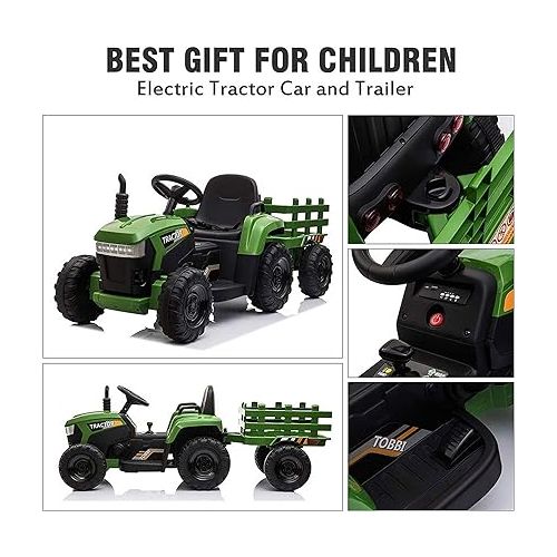  TOBBI Kids Electric Ride On Toy Tractor, 12v Battery-Powered 4 Wheels Ride On Car with Trailer, 35W Dual Motors/3-Gear-Shift/LED Lights/USB Audio Functions for Toddlers 3-6 Years-Dark Green