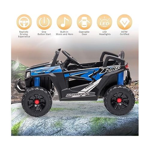  TOBBI 12V Kids Ride on Car, Electric Off-Road UTV Truck with Forward and Reverse Functions, Double Open Doors, Safety Belt, Horn, Music, and Lights for Kids Aged 3-5 Years (Blue)