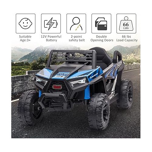  TOBBI 12V Kids Ride on Car, Electric Off-Road UTV Truck with Forward and Reverse Functions, Double Open Doors, Safety Belt, Horn, Music, and Lights for Kids Aged 3-5 Years (Blue)