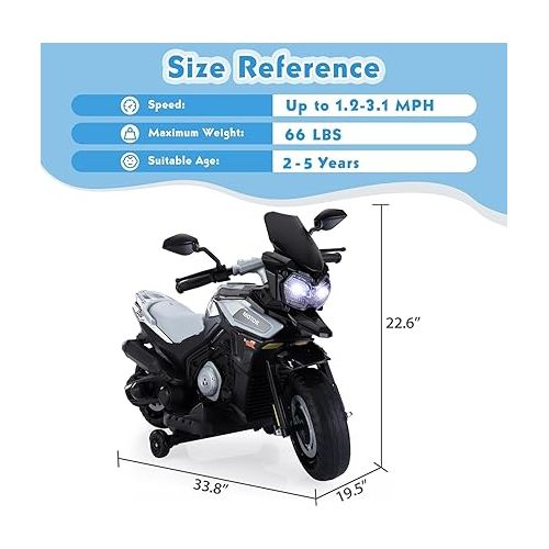  TOBBI 12V Electric Motorcycle for Kids Ride on Toys Motorbike Battery Powered Off-Road Dirt Bikes w/Music/Headlights/Training Wheels, Gift for Boys & Girls, Silver