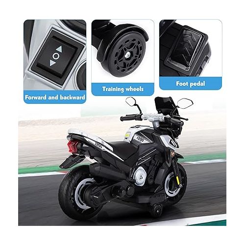  TOBBI 12V Electric Motorcycle for Kids Ride on Toys Motorbike Battery Powered Off-Road Dirt Bikes w/Music/Headlights/Training Wheels, Gift for Boys & Girls, Silver