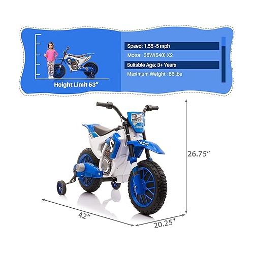  TOBBI Kids Motorcycle Dirt Bike 12V Electric Motorcycles Ride on Toys Battery Powered Motorbike Off-Road Motocross for Toddler Boys Girls 3+Years w/ 2 Speeds, 35W Dual Motors, Training Wheels, Blue