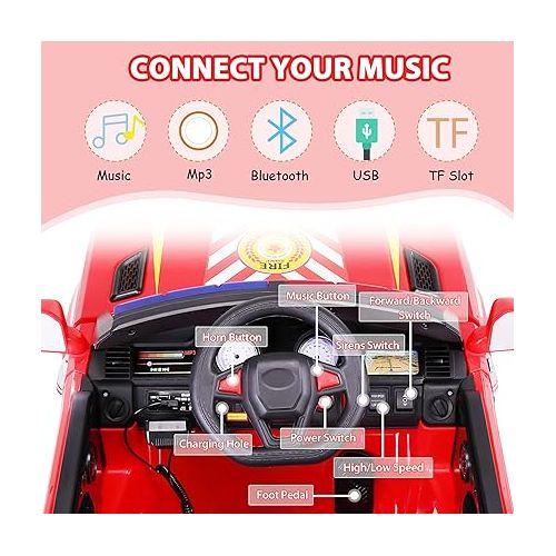  Fire Truck Ride on Toys by TOBBI 12V Electric Car for Kids to Drive Firetrucks Kids' Electric Vehicles w/Remote Control, Siren, Flashing Lights, Music, Gifts for Toddlers Boys Girls, Red