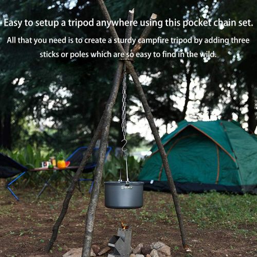  TOBWOLF Portable Stainless Steel Tripod Hanging Rack Pot Hanger, Adjustable Chain Hanger S Hook for Campfire Pot Dutch Oven Open Fire Cooking Camping Picnic BBQ Grill Lantern Holde