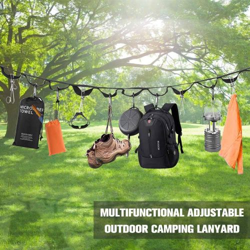  TOBWOLF Outdoor Tent Camping Clothesline with Hooks & Carry Bag, Portable Camping Lanyard for Hanging Drying Clothes, Adjustable Windproof Travel Clothesline Hanging Rope for Stora