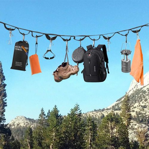  TOBWOLF Outdoor Tent Camping Clothesline with Hooks & Carry Bag, Portable Camping Lanyard for Hanging Drying Clothes, Adjustable Windproof Travel Clothesline Hanging Rope for Stora
