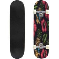 TOEGDNPK Skateboards for Beginners Teens Adults Seamless Color on The Hawaiian Theme with Pineapple Skull on Dark 31 X 8 Complete Standard Skate Board, Outdoor Sports Maple Double Kick Conc