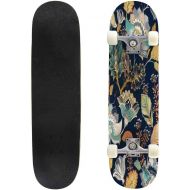 TOEGDNPK Skateboards for Beginners Teens Adults Colorful Seamless Floral Flowers Stylized Flowers Plants on The Dark 31 X 8 Complete Standard Skate Board, Outdoor Sports Maple Double Kick C
