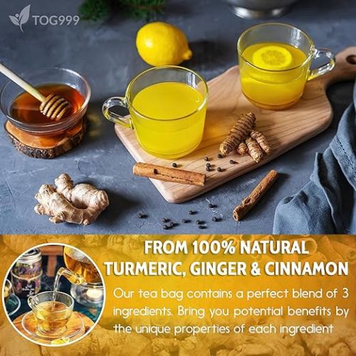  120 Bags Premium Turmeric Ginger Cinnamon Tea, Improve Digestion, Support Brain, Weight, Skin and Sleep, Eco-Conscious Tea Bags and Premium Natural Ingredients. Turmeric Ginger Herbal Tea. No Sugar, No Caffeine, No Gluten, Vegan.