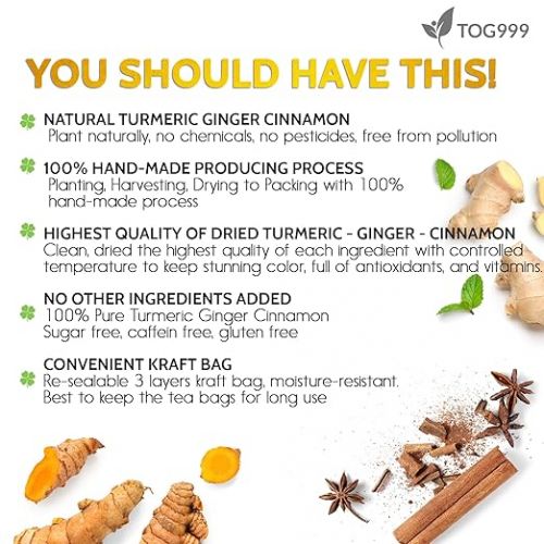  120 Bags Premium Turmeric Ginger Cinnamon Tea, Improve Digestion, Support Brain, Weight, Skin and Sleep, Eco-Conscious Tea Bags and Premium Natural Ingredients. Turmeric Ginger Herbal Tea. No Sugar, No Caffeine, No Gluten, Vegan.