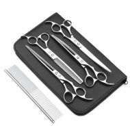TOMBRO 8.0 Professional 5PCS Pet Grooming Shears Straight & Curved Blade Dog Hair Cutting and Thinning Scissors Set with Stainless Steel Comb