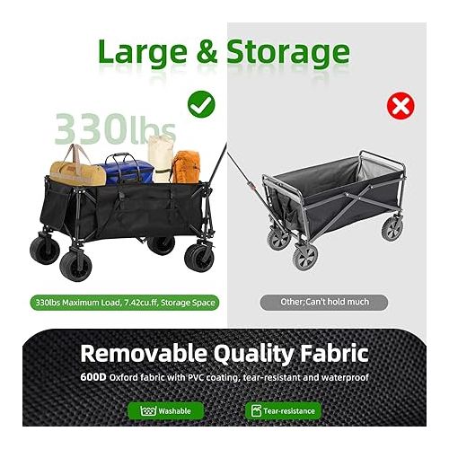  TOMSHOO Wagon, Collapsible Folding Wagon 330lbs Load 7''*4'' Big Universal Wheels Wagons Carts Foldable with Cup Holders, Side Pocket and Brakes for Camping, Garden, Sports, Beach, Shopping, Black