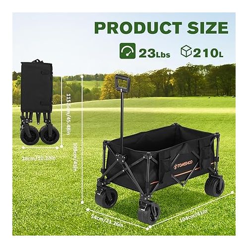  TOMSHOO Wagon, Collapsible Folding Wagon 330lbs Load 7''*4'' Big Universal Wheels Wagons Carts Foldable with Cup Holders, Side Pocket and Brakes for Camping, Garden, Sports, Beach, Shopping, Black