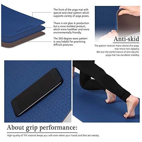  [아마존베스트]TOMSHOO Exercise Mat Non-Slip TPE Yoga Mat Training Mat Phthalate-Free Fitness Mat for Yoga Pilates Gymnastics & Fitness with Carry Strap 183 x 61 x 0.6 cm