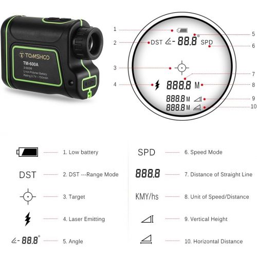  TOMSHOO Golf Rangefinder Waterproof Laser Hunting Range Finder for Measuring Distance Speed - 600M1000M