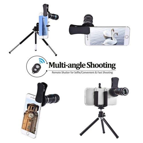  TONGTONG 4 in 1 Clip-On Bluetooth Phone Lens Kit,12X Telescope Camera Lens+198 Degree Fisheye Lens + 0.63X Wide Angle 15X Macro Lens with Tripod for iPhone Samsung Huawei Android S