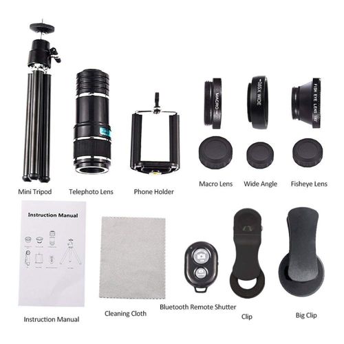  TONGTONG 4 in 1 Clip-On Bluetooth Phone Lens Kit,12X Telescope Camera Lens+198 Degree Fisheye Lens + 0.63X Wide Angle 15X Macro Lens with Tripod for iPhone Samsung Huawei Android S