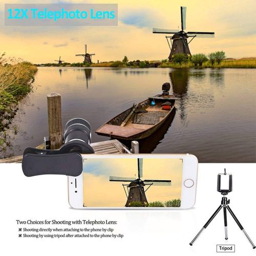  TONGTONG 4 in 1 Clip-On Bluetooth Phone Lens Kit,12X Telescope Camera Lens+198 Degree Fisheye Lens + 0.63X Wide Angle 15X Macro Lens with Tripod for iPhone Samsung Huawei Android S