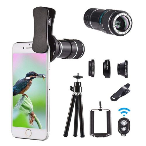  TONGTONG 4 in 1 Clip-On Bluetooth Phone Lens Kit,12X Telescope Camera Lens+198 Degree Fisheye Lens + 0.63X Wide Angle 15X Macro Lens with Tripod for iPhone Samsung Huawei Android S