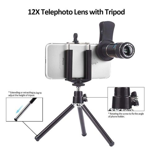  TONGTONG 4 in 1 Clip-On Bluetooth Phone Lens Kit,12X Telescope Camera Lens+198 Degree Fisheye Lens + 0.63X Wide Angle 15X Macro Lens with Tripod for iPhone Samsung Huawei Android S