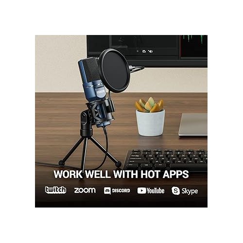  TONOR USB Microphone, Computer Cardioid Condenser PC Gaming Mic with Tripod Stand & Pop Filter for Streaming, Podcasting, Vocal Recording, Compatible with Laptop Desktop Windows Computer, TC-777