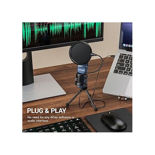  TONOR USB Microphone, Computer Cardioid Condenser PC Gaming Mic with Tripod Stand & Pop Filter for Streaming, Podcasting, Vocal Recording, Compatible with Laptop Desktop Windows Computer, TC-777