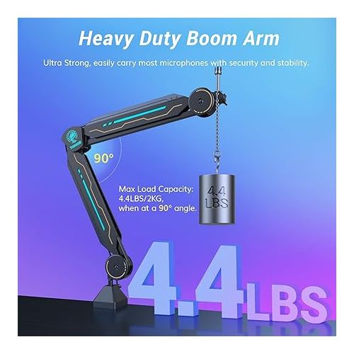  RGB Boom Arm, TONOR Adjustable Mic Stand with RGB Light for HyperX QuadCast/Blue Yeti/Shure SM7B/Rode NT1, Rotatable Suspension Boom Scissor Stand for Gaming Streaming Podcasting YouTube Recording T90